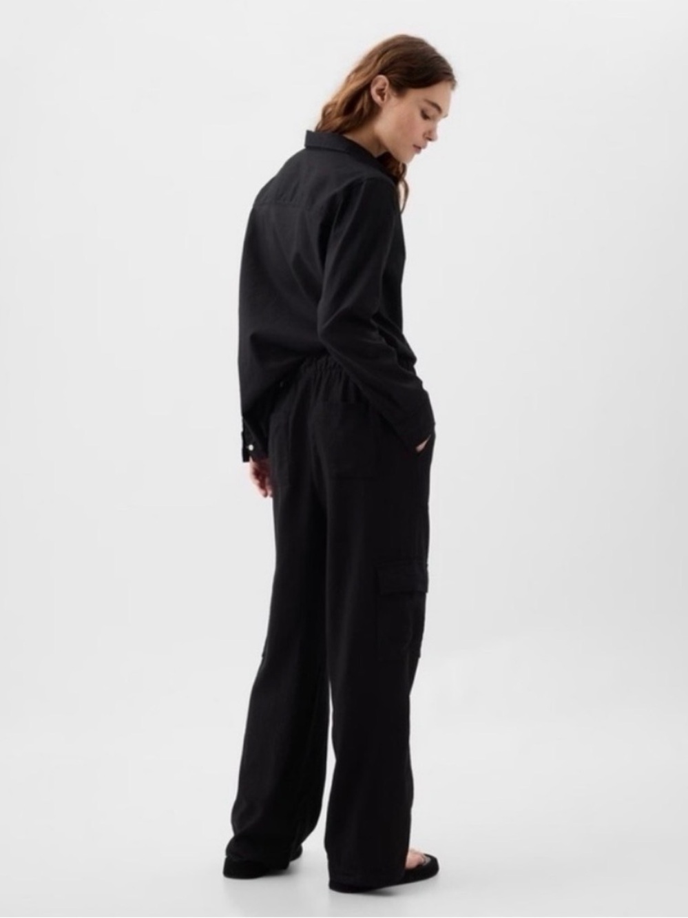 GAP Black Linen-Blend‎ Wide-Leg Cargo Pull-On Pants Size Large Petite - Picture 2 of 4